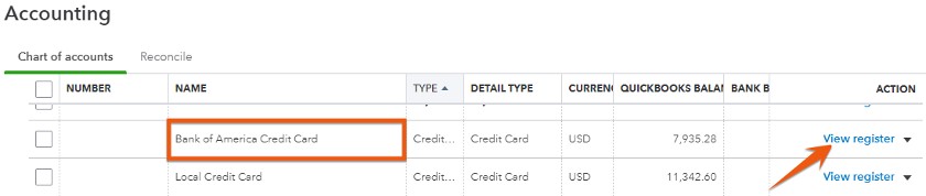 Locating your credit card and click View register.