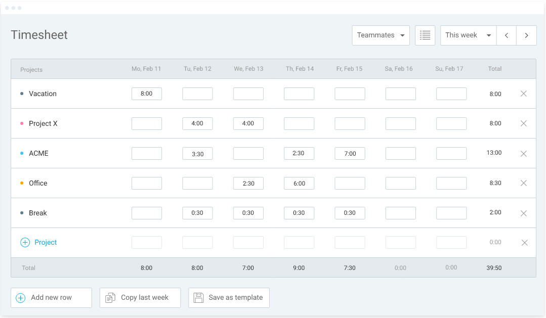 Clockify time sheet dashboard.