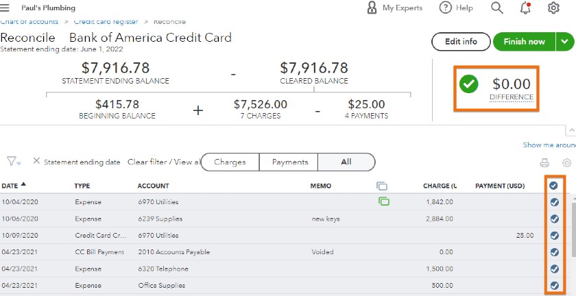 Completed credit card reconciliation in QuickBooks Online.
