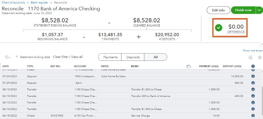 VIew of a Completed reconciliation in QuickBooks Online.
