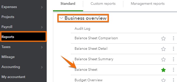 Creating a new balance sheet in QuickBooks Online.