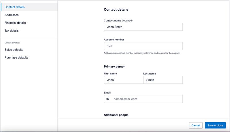 Screen where you can enter a new contact in Xero