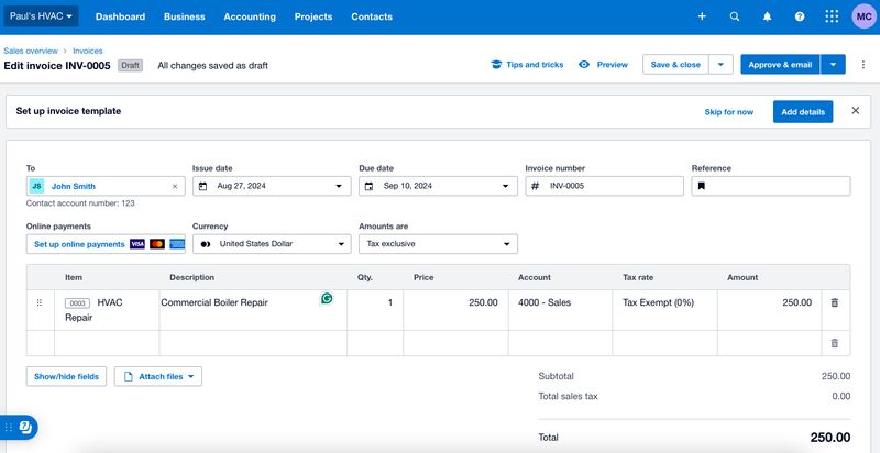 Screen where you can enter a new invoice in Xero