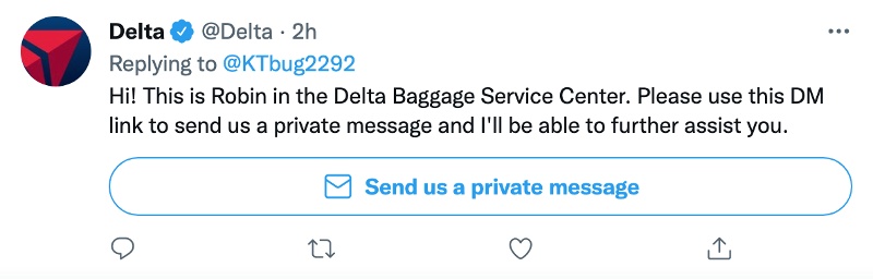 Delta Twitter account providing customer service on his tweets.