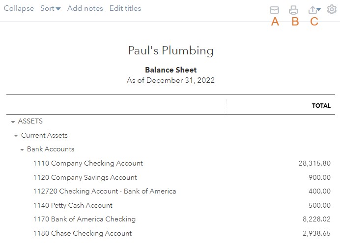 Email, print, or export your Balance Sheet in QuickBooks Online.