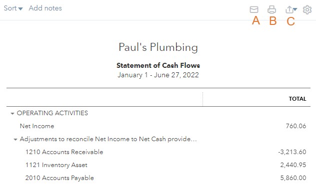 Email, print, or export your cash flow report in QuickBooks Online.