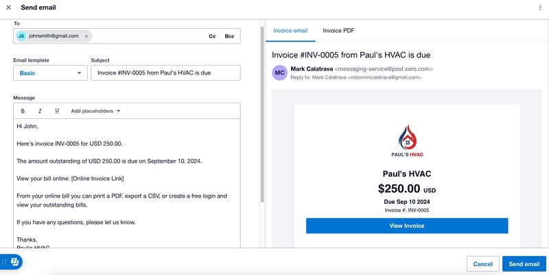 Screen showing a preview of an invoice email content in Xero.