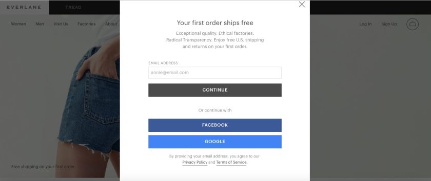 Everlane opt-in pop-up.