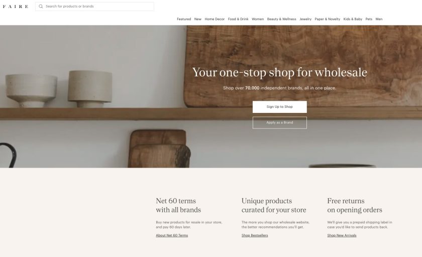 Faire home page with product categories.