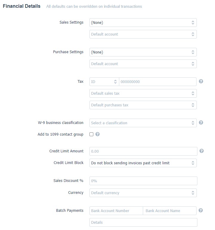 Adding financial details for a Contact in Xero.