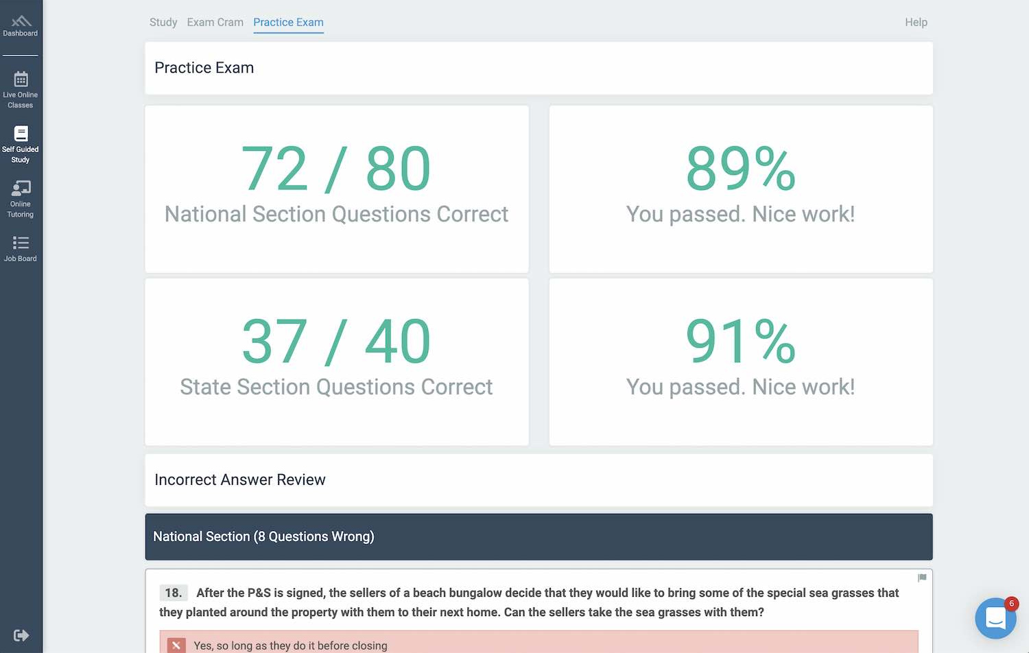 Instant practice exam results from Freedom Trail Realty School.