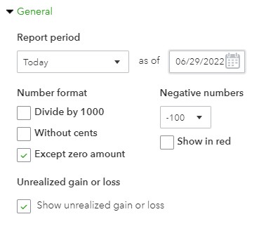 QuickBooks Online General A/P report options.