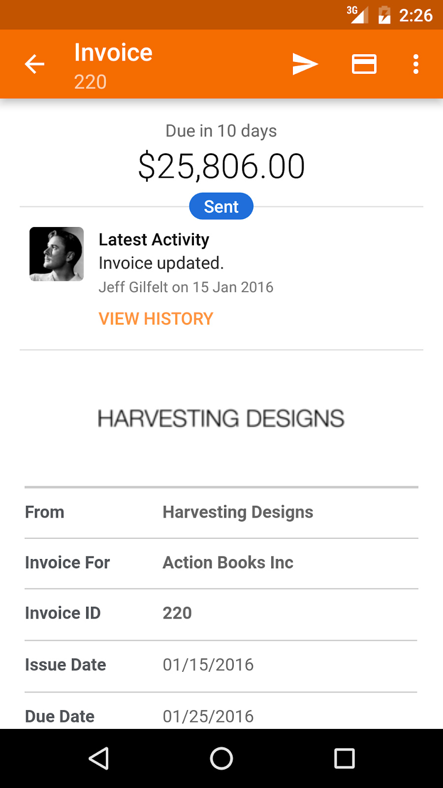 Harvest sample invoice in mobile app.