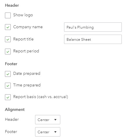 Header and footer balance sheet options in QuickBooks Online.