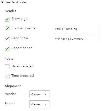 Header and footer options for the A/P aging report in Quickbooks Online.