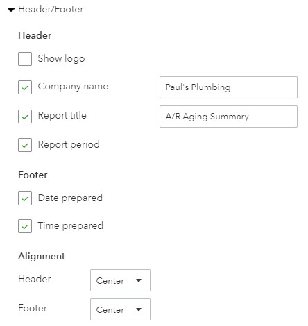Header and footer options for the A/R aging report.