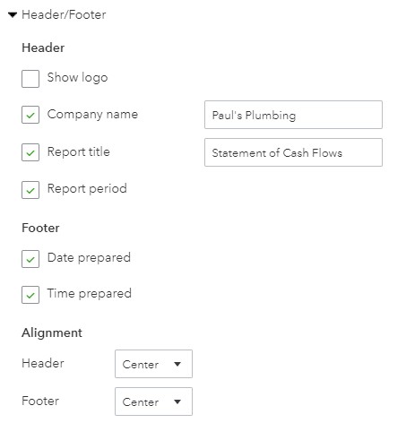 Header and footer options for the statement of cash flows in QuickBooks Online.