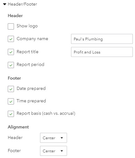 Header and footer report options in QuickBooks Online.
