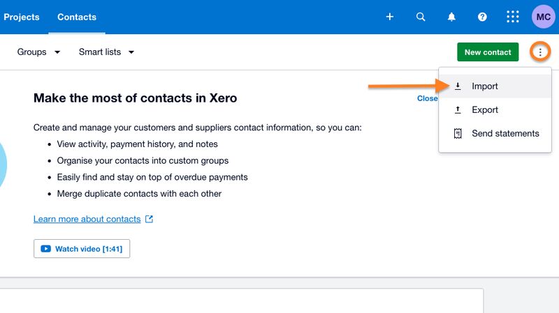 New contact page in Xero highlighting the import button