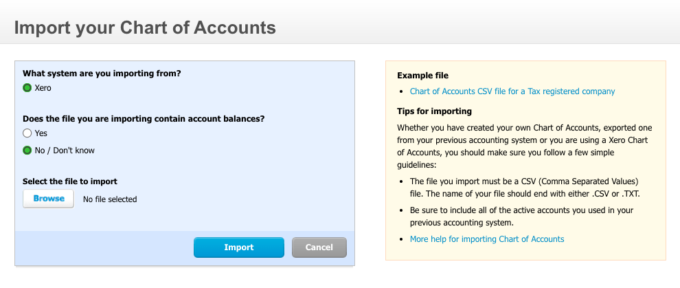 Screen where you import chart of accounts into Xero