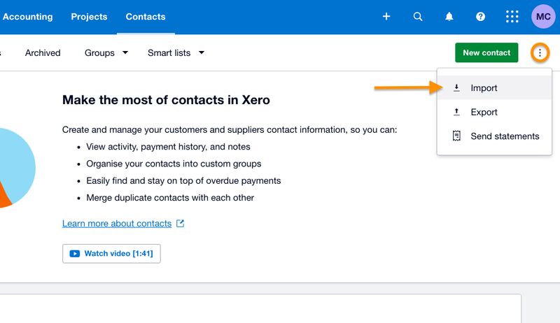 Screen showing how to import contacts into Xero.