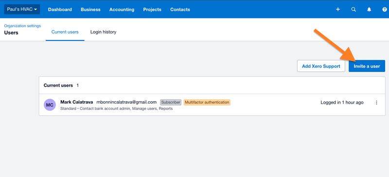 Users page in Xero highlighting the Invite a user button