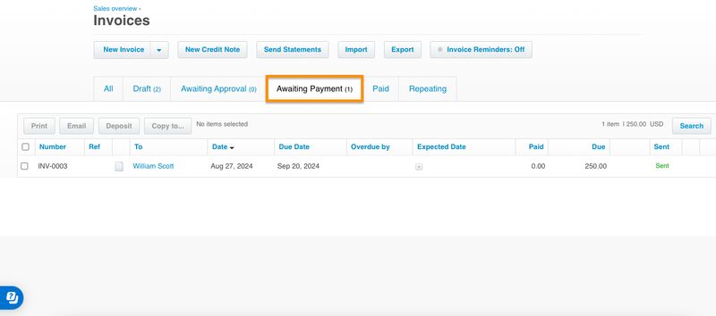 Invoices page in Xero highlighting the Awaiting payment tab