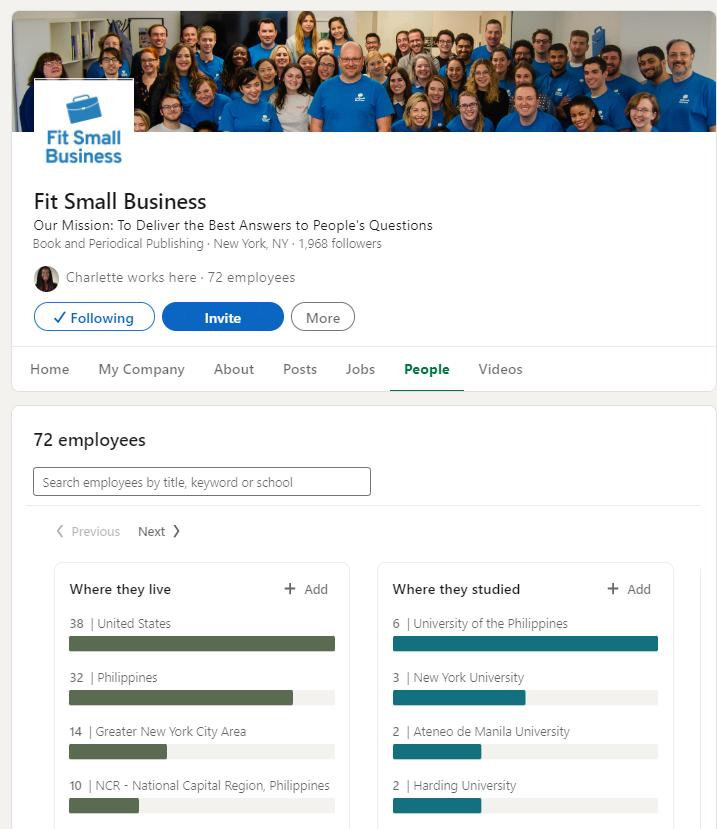 Fit Small Business Sample People page in LinkedIn profile.
