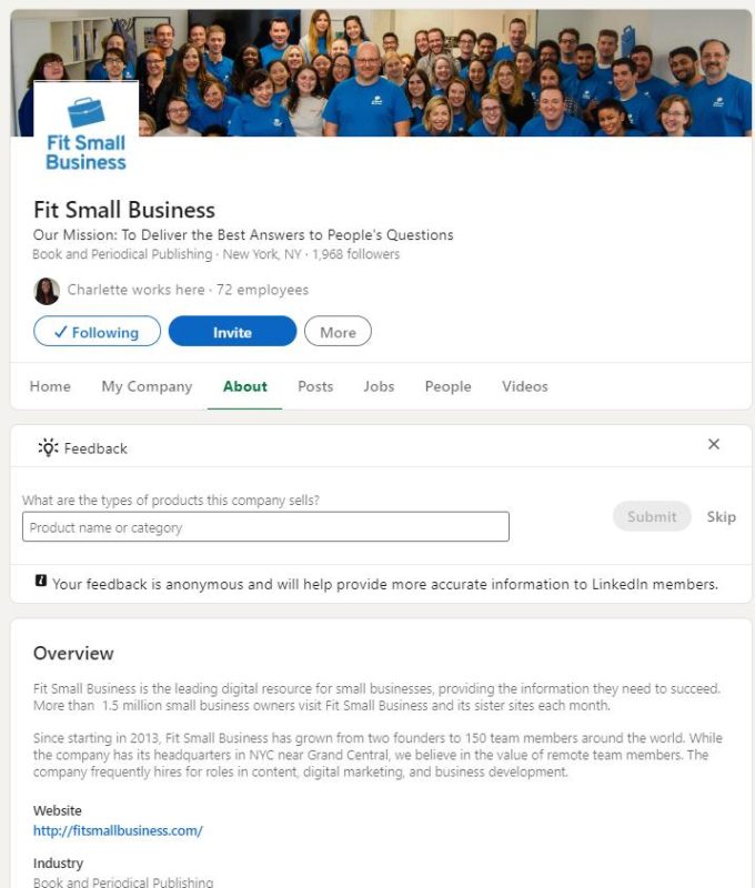Fit Small Business Sample About page in LinkedIn profile.