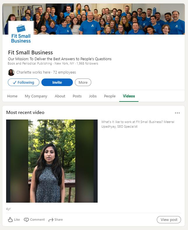 Fit Small Business Sample Video page in LinkedIn profile.