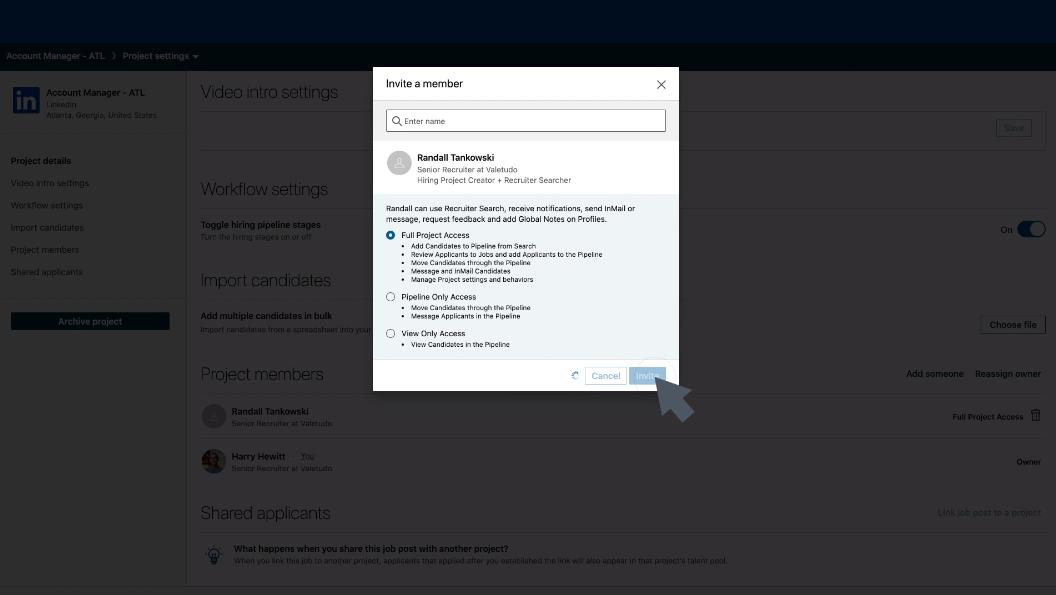 Arrow to give candidate full project access, pipeline only access, or view access