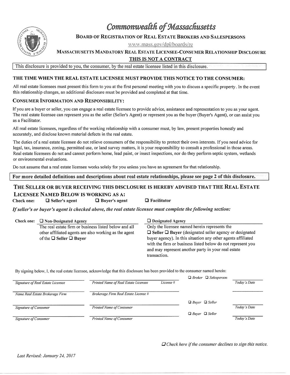 Example of Massachusetts real estate disclosure form.
