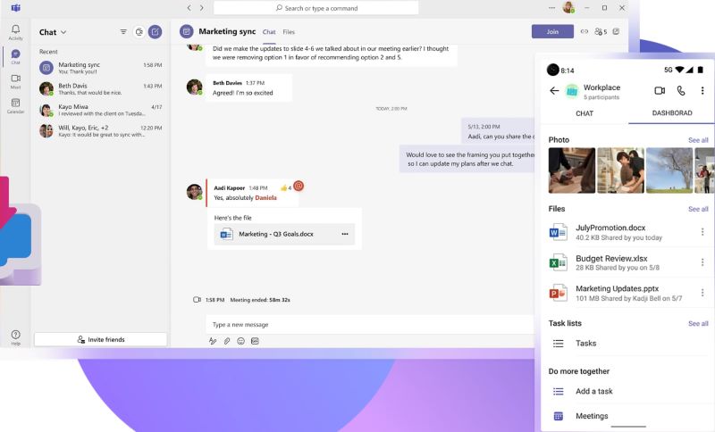 Microsoft Teams group chat in desktop app and channel dashboard in mobile app