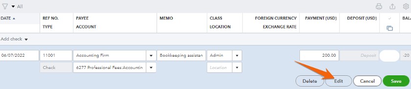 Click Edit to modify a bank transaction from the check register in QuickBooks Online.