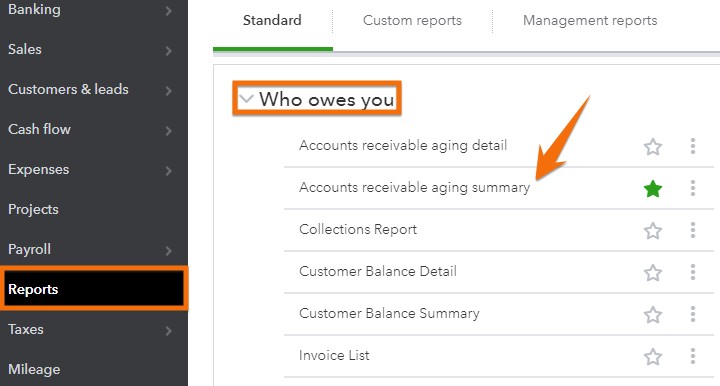 Navigating to Accounts receivable aging summary.