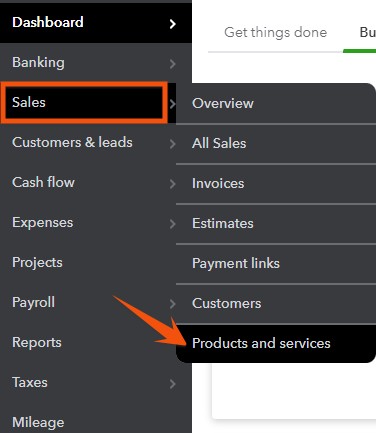 Arrow Navigating to Products and Services in QuickBooks Online.