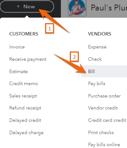 Navigating to create a new bill in QuickBooks Online.