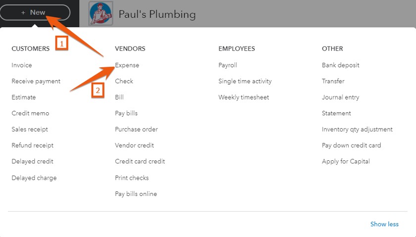 Preparing to create a new expense transaction in QuickBooks Online.