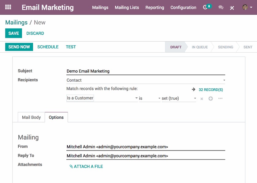 Odoo email marketing campaign settings.