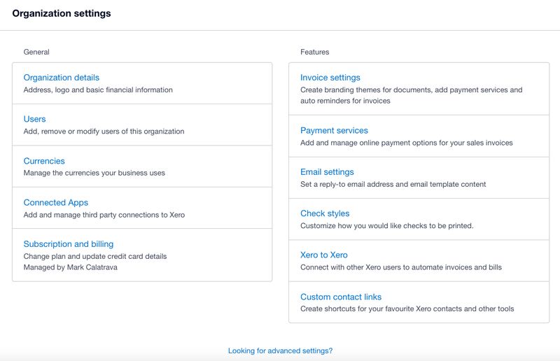 Organization settings page in Xero showing different settings, including organization details, users, and currencies