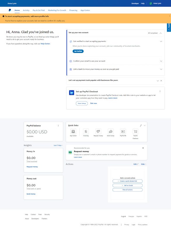 Sample home page on PayPal Business.