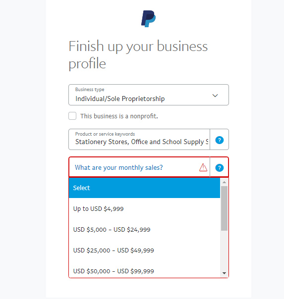 Business profile setup on PayPal.