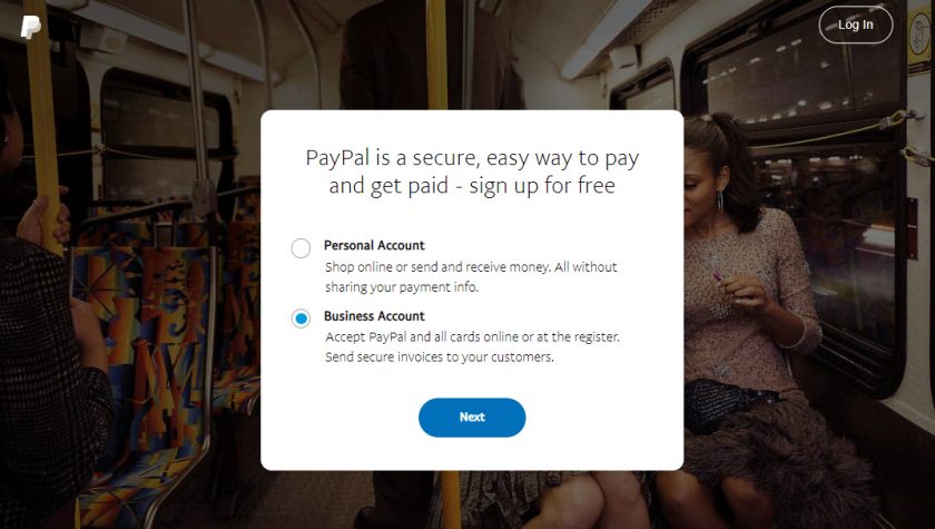 Choosing type of PayPal account on PayPal.