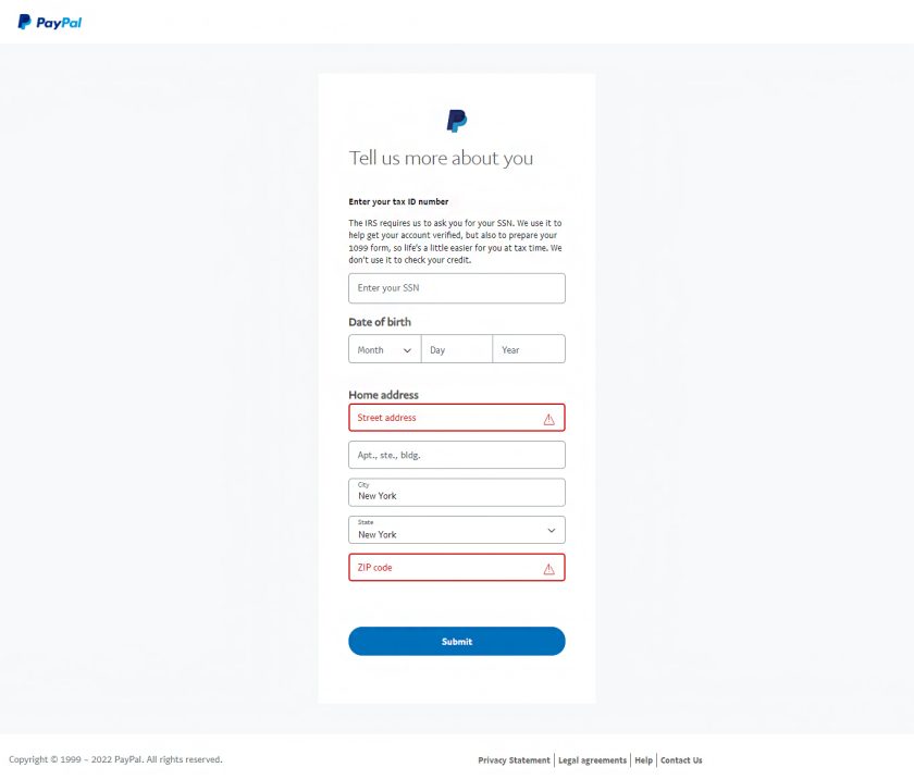 Entering SSN, date of birth, and home address information on PayPal Business.