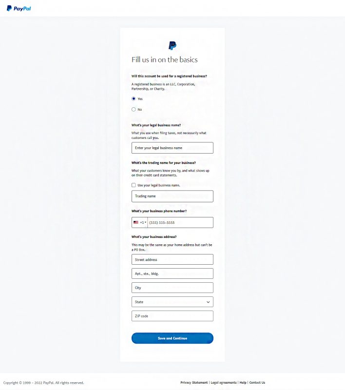 PayPal Business fill-up form for basic personal and business information.