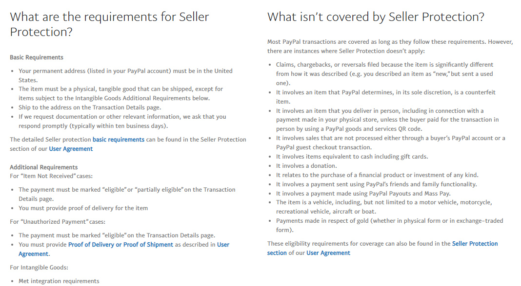 PayPal Business seller protection info page.