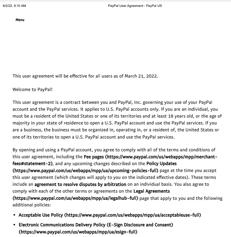 PayPal User Agreement preview.