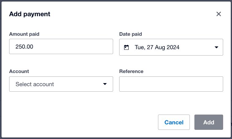 Screen where you can pay an invoice in Xero