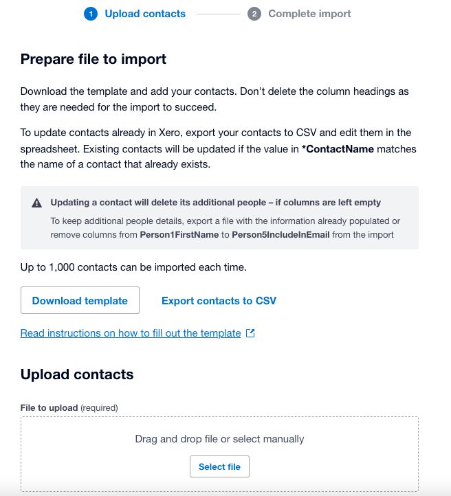 Screen where you can upload a new contact file into Xero