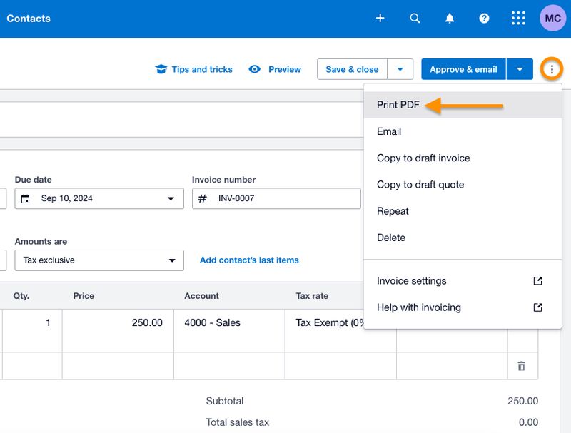 Screen showing how to print an invoice in Xero